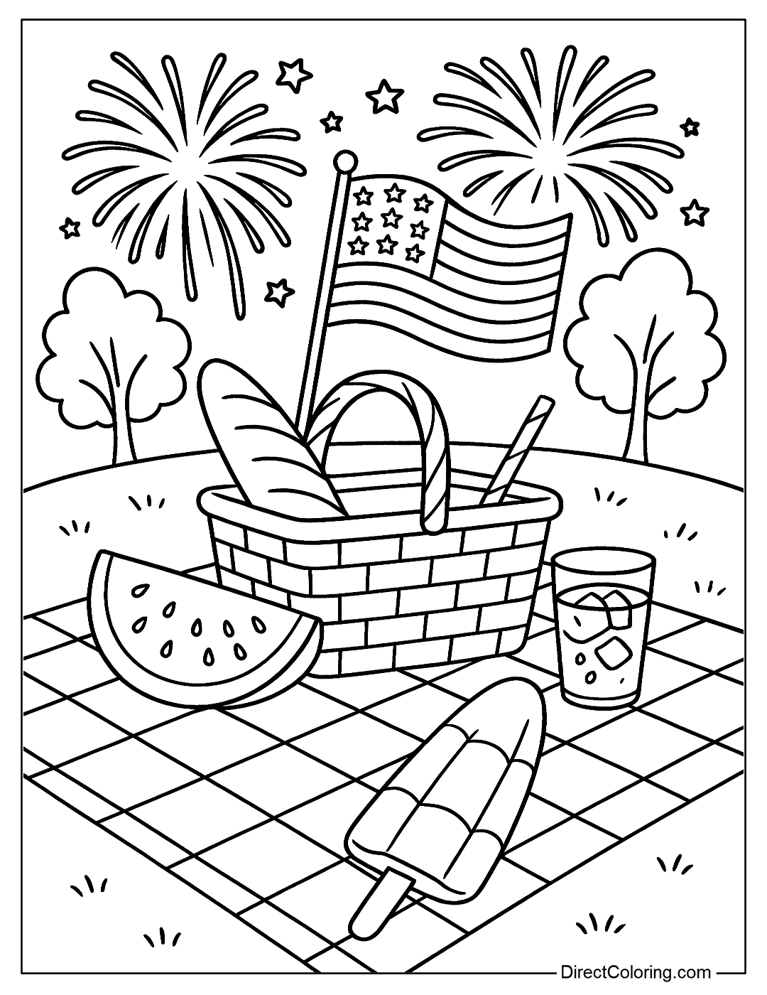 A coloring page of an outdoor picnic with a plaid blanket, bread, watermelon, an American flag, and cold drinks.